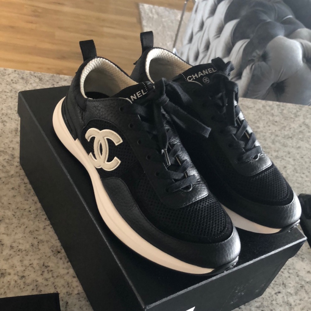 Black and white leather Chanel sneakers